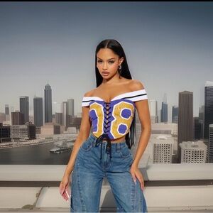Fashion Nova Off Shoulder Game Day Corset Top Tie Front 08 Graphic